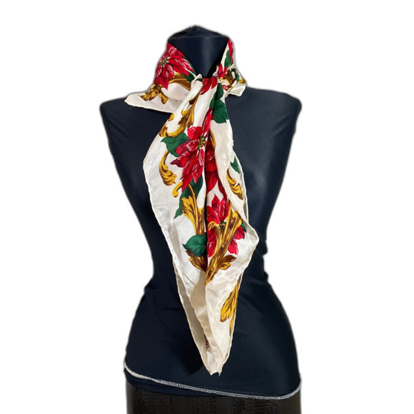 VTg. BILL BLASS Silk Scarf Christmas Poinsettia Holiday red gold about 33-34"Sq. - Picture 1 of 8